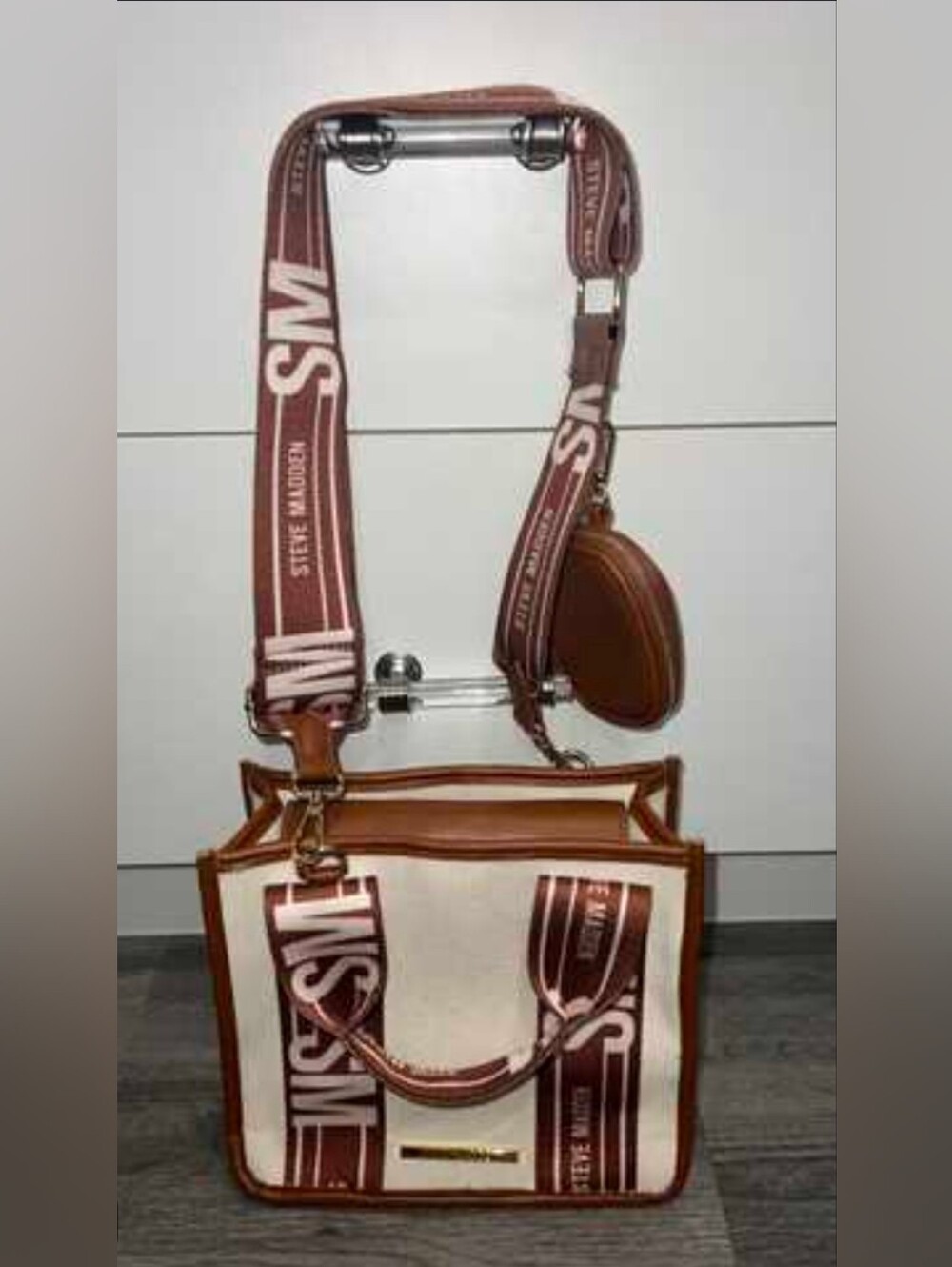Steve Madden Brown & Cream Canvas Messenger Bag with Logo Strap and Pouch